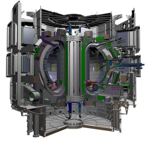 Cut-away CAD model of a tokamak with vacuum vessel, magnets and ports