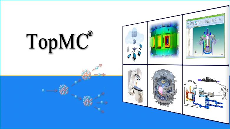 TopMC collage: particle collisions beside panels showing parallel computing, a fusion device, a reactor model, radiotherapy, a tokamak and a power plant