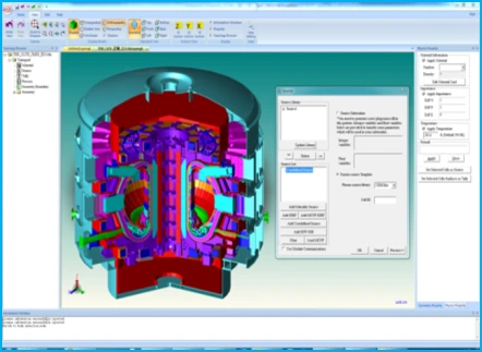 Modeling interface with a colour-coded reactor model and a source definition dialog