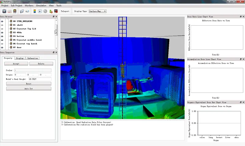 Virtual reality simulation: a worker climbs a ladder inside a colour-mapped radiation field while dose charts update
