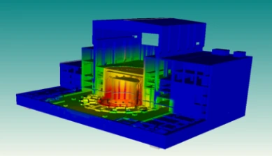 Colour-mapped radiation field across a cut-away model of the ITER tokamak building